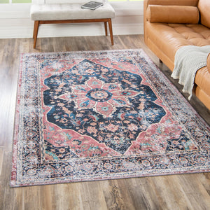 Washable Navy Blue 2' x 3' Yara Rectangle Area Rug Easy to Clean Stain Resistant & Durable Polyester & Chenille Carpet for Sale at Rug Engine