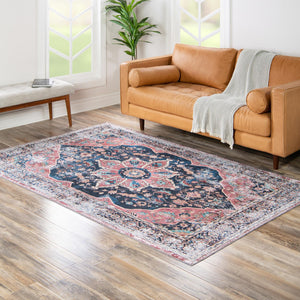 Washable Navy Blue 5' x 8' Yara Rectangle Area Rug Easy to Clean Stain Resistant & Durable Polyester & Chenille Carpet for Sale at Rug Engine