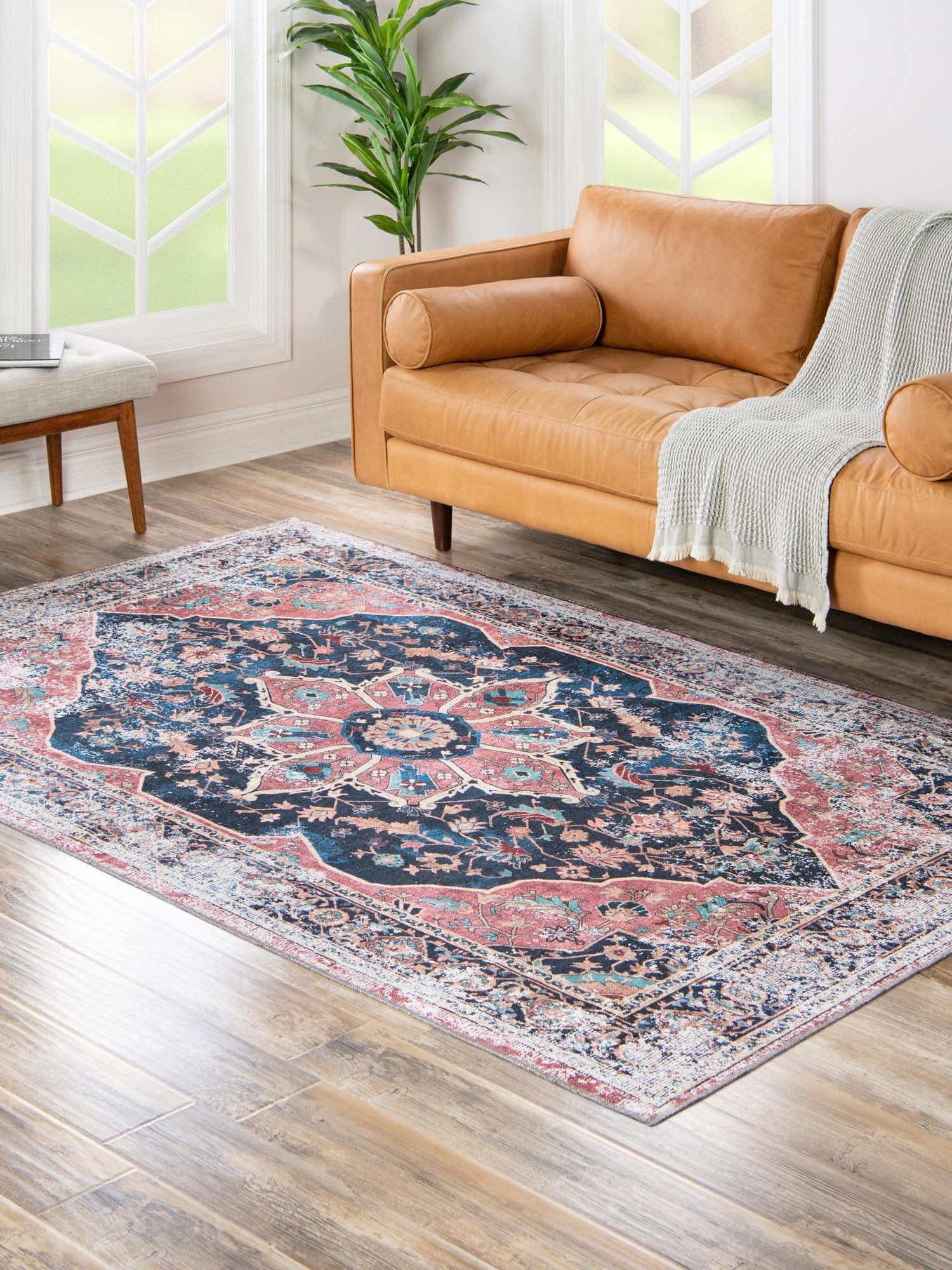 Washable Navy Blue 2' x 3' Yara Rectangle Area Rug Easy to Clean Stain Resistant & Durable Polyester & Chenille Carpet for Sale at Rug Engine