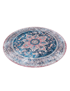 Washable Navy Blue 7' 10 x 7' 10 Yara Round Area Rug Easy to Clean Stain Resistant & Durable Polyester & Chenille Carpet for Sale at Rug Engine