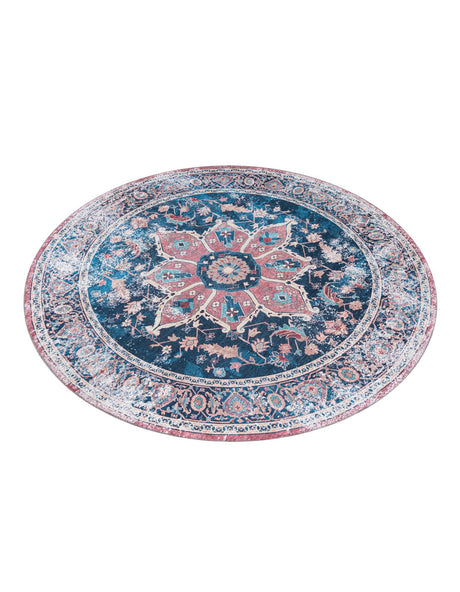 Washable Navy Blue 7' 10 x 7' 10 Yara Round Area Rug Easy to Clean Stain Resistant & Durable Polyester & Chenille Carpet for Sale at Rug Engine