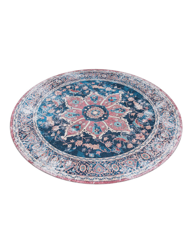 Washable Navy Blue 7' 10 x 7' 10 Yara Round Area Rug Easy to Clean Stain Resistant & Durable Polyester & Chenille Carpet for Sale at Rug Engine