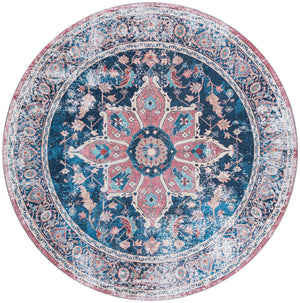 Washable Navy Blue 7' 10 x 7' 10 Yara Round Area Rug Easy to Clean Stain Resistant & Durable Polyester & Chenille Carpet for Sale at Rug Engine