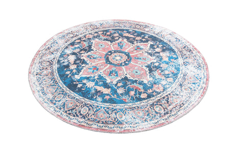 Washable Navy Blue 6' x 6' Yara Round Area Rug Easy to Clean Stain Resistant & Durable Polyester & Chenille Carpet for Sale at Rug Engine