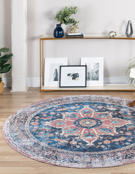Washable Navy Blue 4' x 4' Yara Round Area Rug Easy to Clean Stain Resistant & Durable Polyester & Chenille Carpet for Sale at Rug Engine