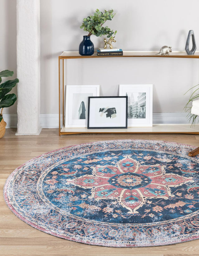 Washable Navy Blue 6' x 6' Yara Round Area Rug Easy to Clean Stain Resistant & Durable Polyester & Chenille Carpet for Sale at Rug Engine
