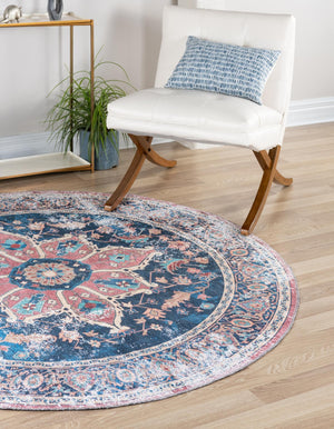 Washable Navy Blue 6' x 6' Yara Round Area Rug Easy to Clean Stain Resistant & Durable Polyester & Chenille Carpet for Sale at Rug Engine