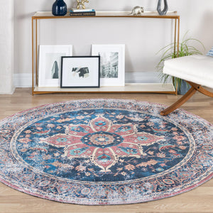 Washable Navy Blue 6' x 6' Yara Round Area Rug Easy to Clean Stain Resistant & Durable Polyester & Chenille Carpet for Sale at Rug Engine