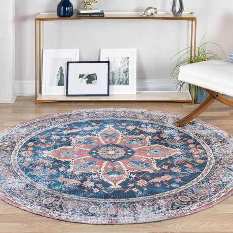Washable Navy Blue 6' x 6' Yara Round Area Rug Easy to Clean Stain Resistant & Durable Polyester & Chenille Carpet for Sale at Rug Engine