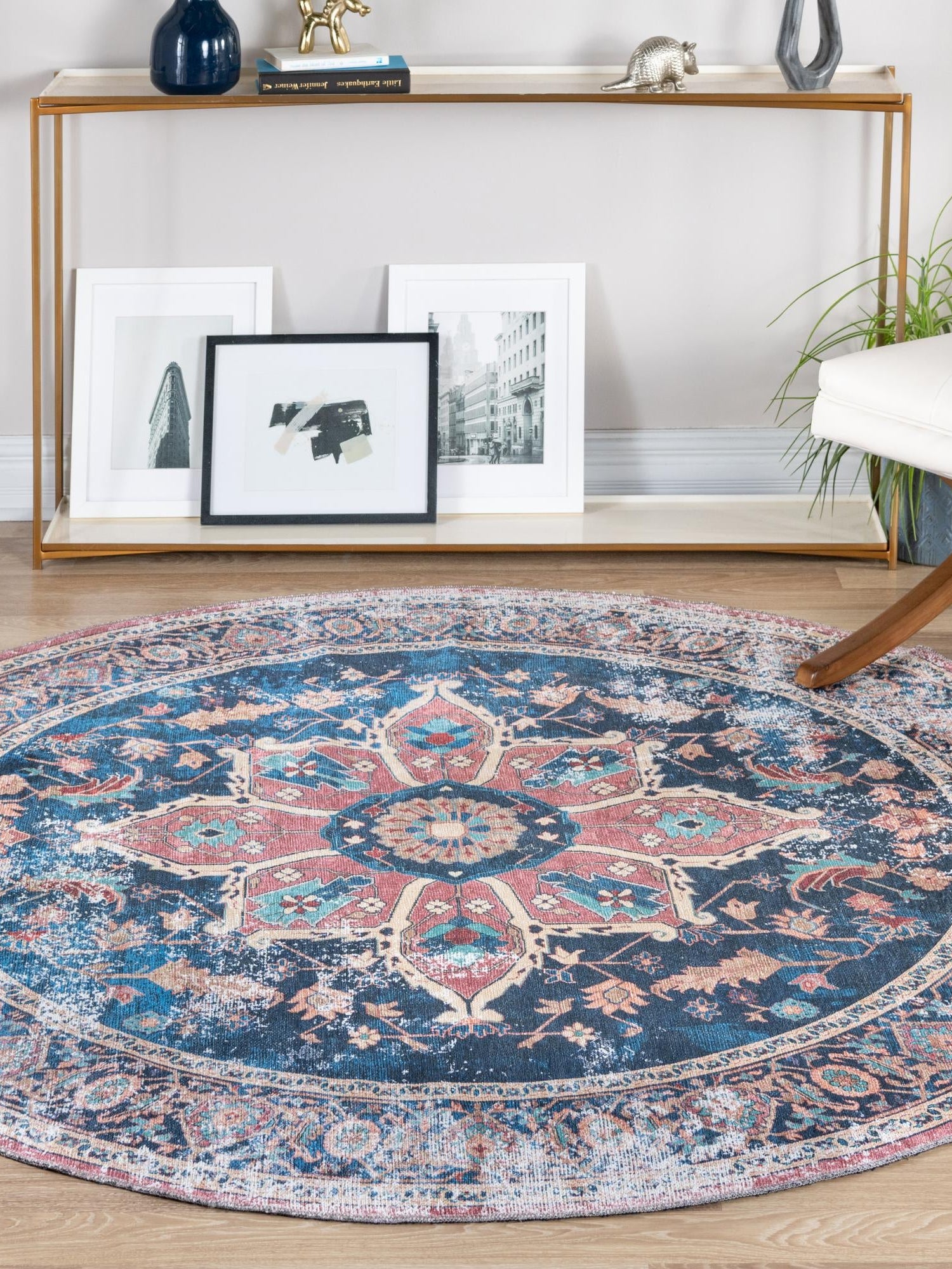 Washable Navy Blue 7' 10 x 7' 10 Yara Round Area Rug Easy to Clean Stain Resistant & Durable Polyester & Chenille Carpet for Sale at Rug Engine