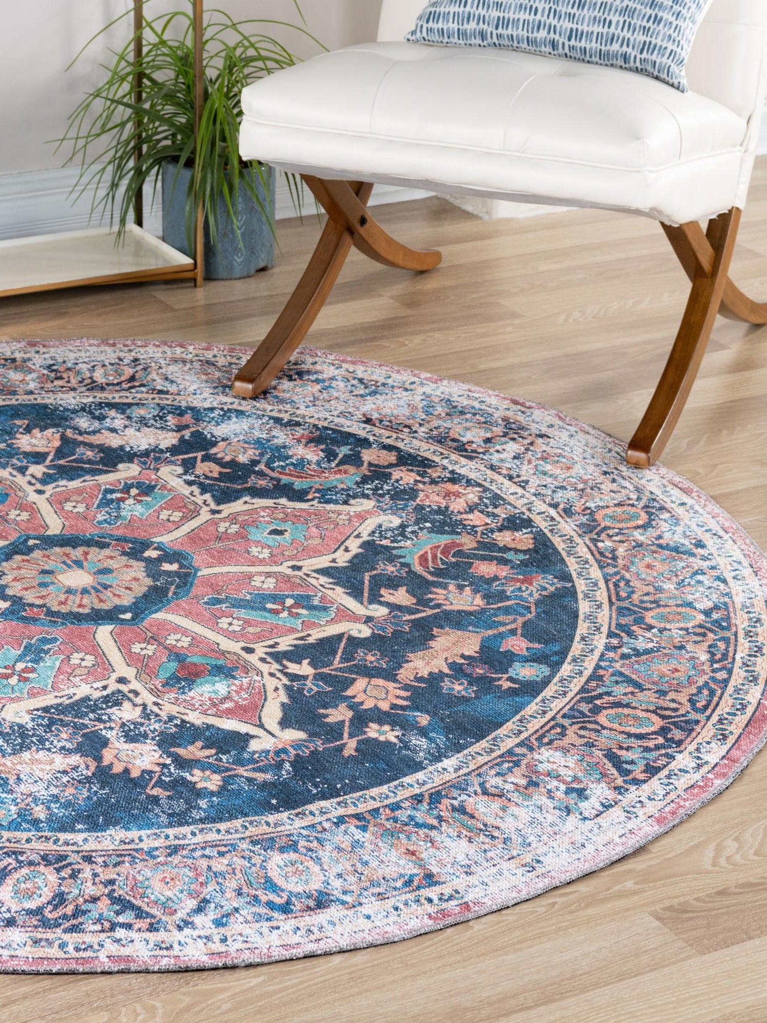 Washable Navy Blue 7' 10 x 7' 10 Yara Round Area Rug Easy to Clean Stain Resistant & Durable Polyester & Chenille Carpet for Sale at Rug Engine