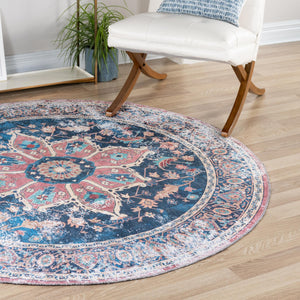 Washable Navy Blue 7' 10 x 7' 10 Yara Round Area Rug Easy to Clean Stain Resistant & Durable Polyester & Chenille Carpet for Sale at Rug Engine