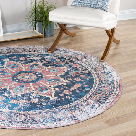 Washable Navy Blue 7' 10 x 7' 10 Yara Round Area Rug Easy to Clean Stain Resistant & Durable Polyester & Chenille Carpet for Sale at Rug Engine