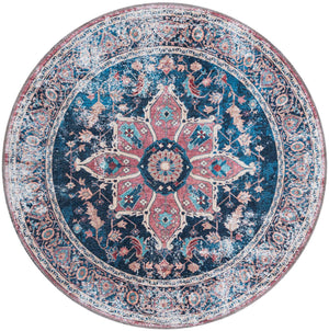 Washable Navy Blue 4' x 4' Yara Round Area Rug Easy to Clean Stain Resistant & Durable Polyester & Chenille Carpet for Sale at Rug Engine