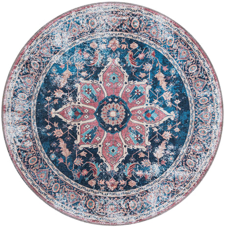 Washable Navy Blue 4' x 4' Yara Round Area Rug Easy to Clean Stain Resistant & Durable Polyester & Chenille Carpet for Sale at Rug Engine