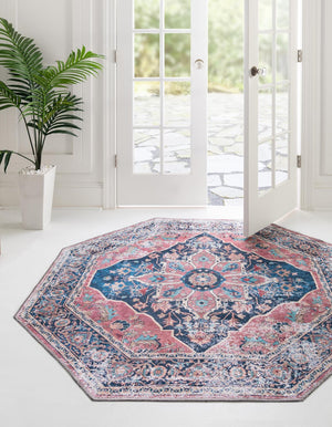 Washable Navy Blue 5' x 5' Yara Octagon Area Rug Easy to Clean Stain Resistant & Durable Polyester & Chenille Carpet for Sale at Rug Engine