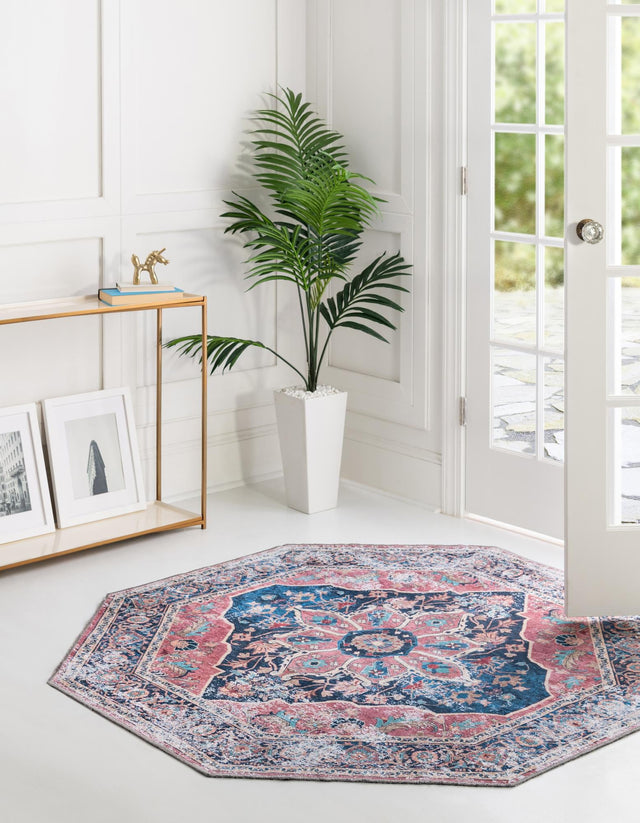 Washable Navy Blue 7' 10 x 7' 10 Yara Octagon Area Rug Easy to Clean Stain Resistant & Durable Polyester & Chenille Carpet for Sale at Rug Engine