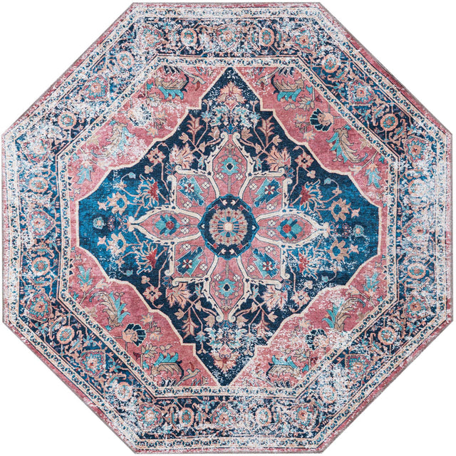 Washable Navy Blue 5' x 5' Yara Octagon Area Rug Easy to Clean Stain Resistant & Durable Polyester & Chenille Carpet for Sale at Rug Engine