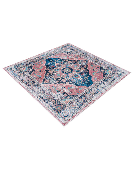 Washable Navy Blue 7' 10 x 7' 10 Yara Square Area Rug Easy to Clean Stain Resistant & Durable Polyester & Chenille Carpet for Sale at Rug Engine