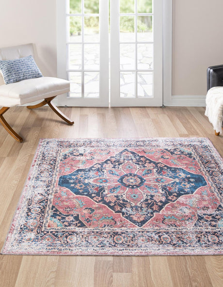 Washable Navy Blue 7' 10 x 7' 10 Yara Square Area Rug Easy to Clean Stain Resistant & Durable Polyester & Chenille Carpet for Sale at Rug Engine