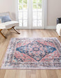 Washable Navy Blue 5' x 5' Yara Square Area Rug Easy to Clean Stain Resistant & Durable Polyester & Chenille Carpet for Sale at Rug Engine