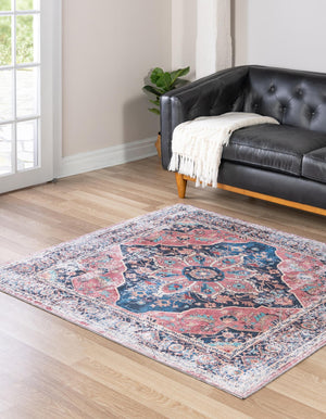 Washable Navy Blue 7' 10 x 7' 10 Yara Square Area Rug Easy to Clean Stain Resistant & Durable Polyester & Chenille Carpet for Sale at Rug Engine
