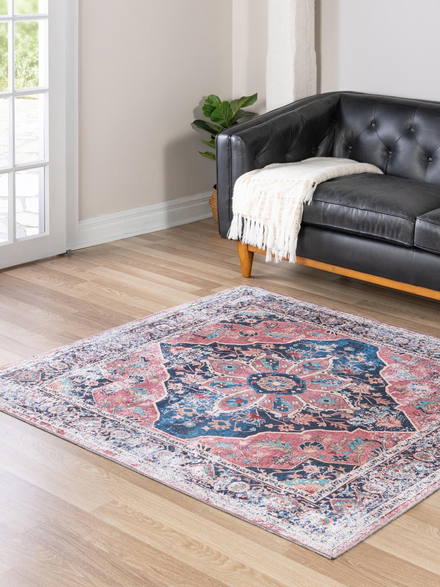 Washable Navy Blue 5' x 5' Yara Square Area Rug Easy to Clean Stain Resistant & Durable Polyester & Chenille Carpet for Sale at Rug Engine