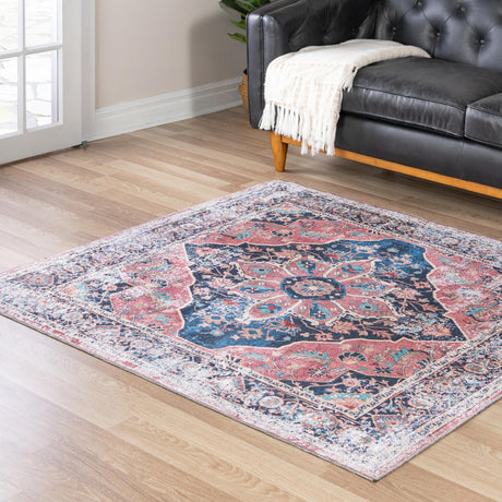 Washable Navy Blue 7' 10 x 7' 10 Yara Square Area Rug Easy to Clean Stain Resistant & Durable Polyester & Chenille Carpet for Sale at Rug Engine