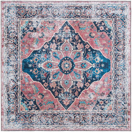Washable Navy Blue 5' x 5' Yara Square Area Rug Easy to Clean Stain Resistant & Durable Polyester & Chenille Carpet for Sale at Rug Engine