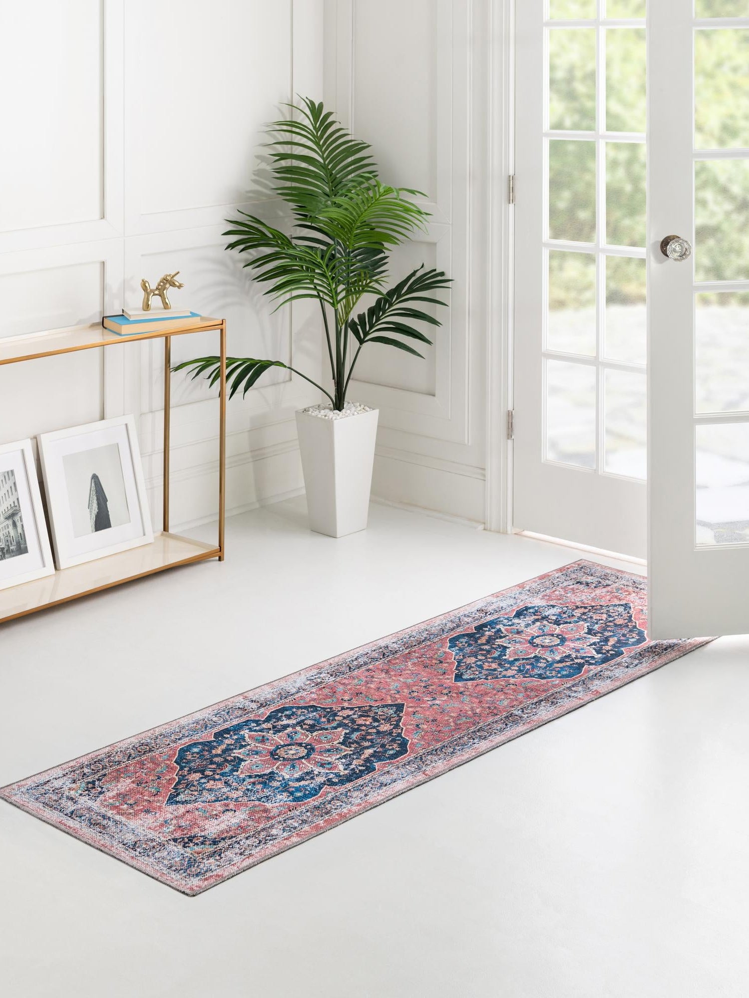 Washable Navy Blue 2' x 5' Yara Runner Area Rug Easy to Clean Stain Resistant & Durable Polyester & Chenille Carpet for Sale at Rug Engine