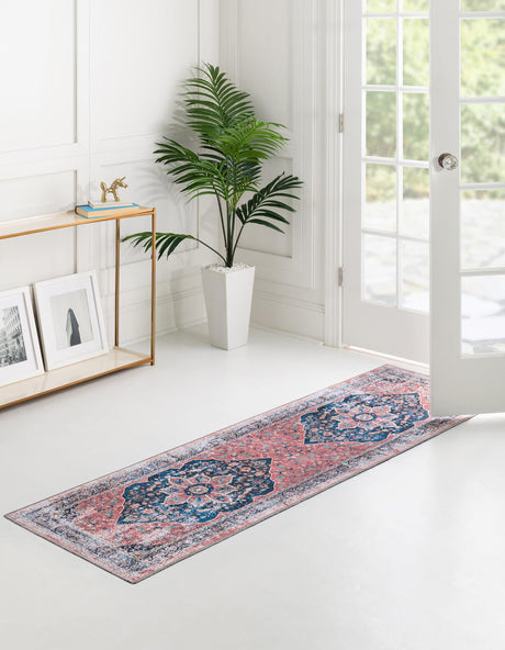 Washable Navy Blue 2' x 8' Yara Runner Area Rug Easy to Clean Stain Resistant & Durable Polyester & Chenille Carpet for Sale at Rug Engine