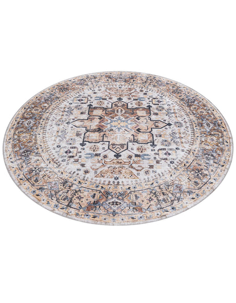 Washable Ivory Almond 6' x 6' Yara Round Area Rug Easy to Clean Stain Resistant & Durable Polyester & Chenille Carpet for Sale at Rug Engine