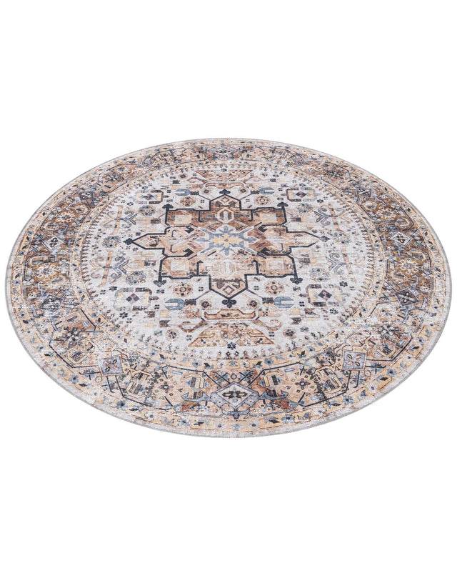 Washable Ivory Almond 6' x 6' Yara Round Area Rug Easy to Clean Stain Resistant & Durable Polyester & Chenille Carpet for Sale at Rug Engine