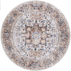 Washable Ivory Almond 6' x 6' Yara Round Area Rug Easy to Clean Stain Resistant & Durable Polyester & Chenille Carpet for Sale at Rug Engine