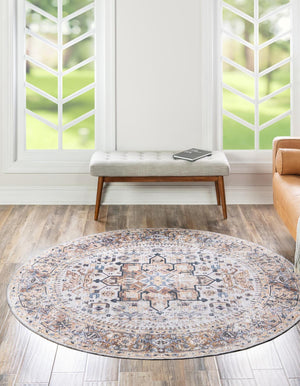 Washable Ivory Almond 6' x 6' Yara Round Area Rug Easy to Clean Stain Resistant & Durable Polyester & Chenille Carpet for Sale at Rug Engine