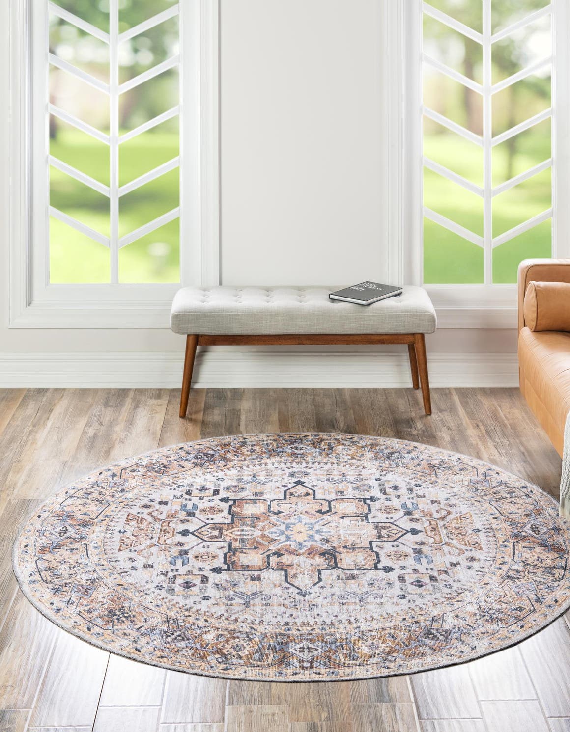 Washable Ivory Almond 4' x 4' Yara Round Area Rug Easy to Clean Stain Resistant & Durable Polyester & Chenille Carpet for Sale at Rug Engine