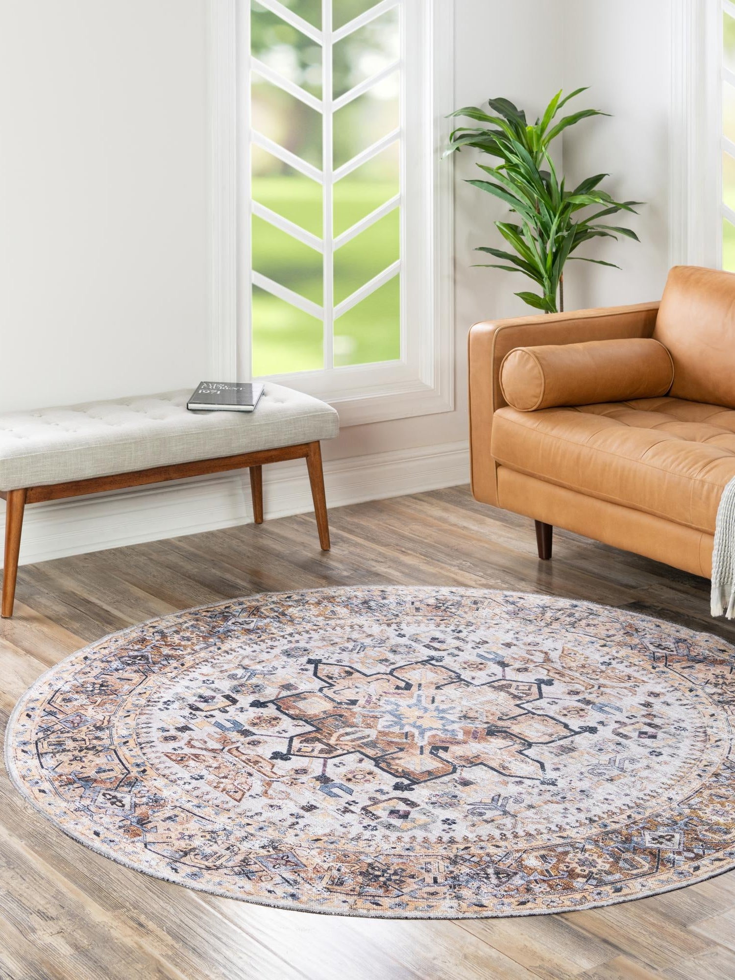 Washable Ivory Almond 5' 3 x 5' 3 Yara Round Area Rug Easy to Clean Stain Resistant & Durable Polyester & Chenille Carpet for Sale at Rug Engine