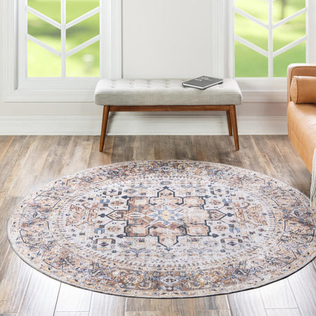 Washable Ivory Almond 6' x 6' Yara Round Area Rug Easy to Clean Stain Resistant & Durable Polyester & Chenille Carpet for Sale at Rug Engine
