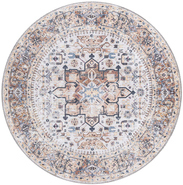 Washable Ivory Almond 4' x 4' Yara Round Area Rug Easy to Clean Stain Resistant & Durable Polyester & Chenille Carpet for Sale at Rug Engine