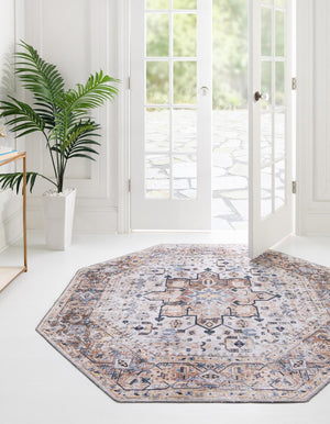 Washable Ivory Almond 5' x 5' Yara Octagon Area Rug Easy to Clean Stain Resistant & Durable Polyester & Chenille Carpet for Sale at Rug Engine