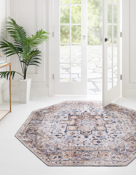 Washable Ivory Almond 5' x 5' Yara Octagon Area Rug Easy to Clean Stain Resistant & Durable Polyester & Chenille Carpet for Sale at Rug Engine