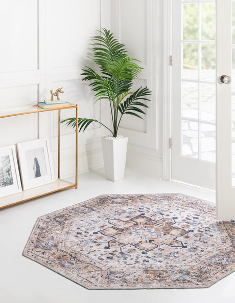 Washable Ivory Almond 5' x 5' Yara Octagon Area Rug Easy to Clean Stain Resistant & Durable Polyester & Chenille Carpet for Sale at Rug Engine