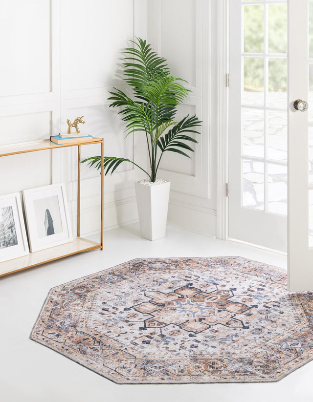 Washable Ivory Almond 7' 1 x 7' 1 Yara Octagon Area Rug Easy to Clean Stain Resistant & Durable Polyester & Chenille Carpet for Sale at Rug Engine