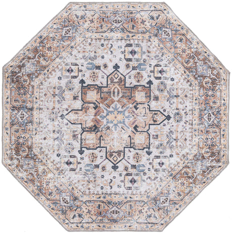 Washable Ivory Almond 5' x 5' Yara Octagon Area Rug Easy to Clean Stain Resistant & Durable Polyester & Chenille Carpet for Sale at Rug Engine