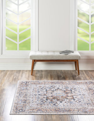 Washable Ivory Almond 7' 10 x 7' 10 Yara Square Area Rug Easy to Clean Stain Resistant & Durable Polyester & Chenille Carpet for Sale at Rug Engine