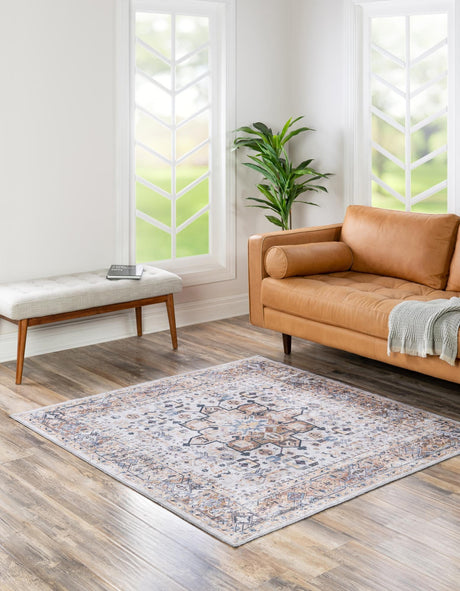 Washable Ivory Almond 7' 10 x 7' 10 Yara Square Area Rug Easy to Clean Stain Resistant & Durable Polyester & Chenille Carpet for Sale at Rug Engine