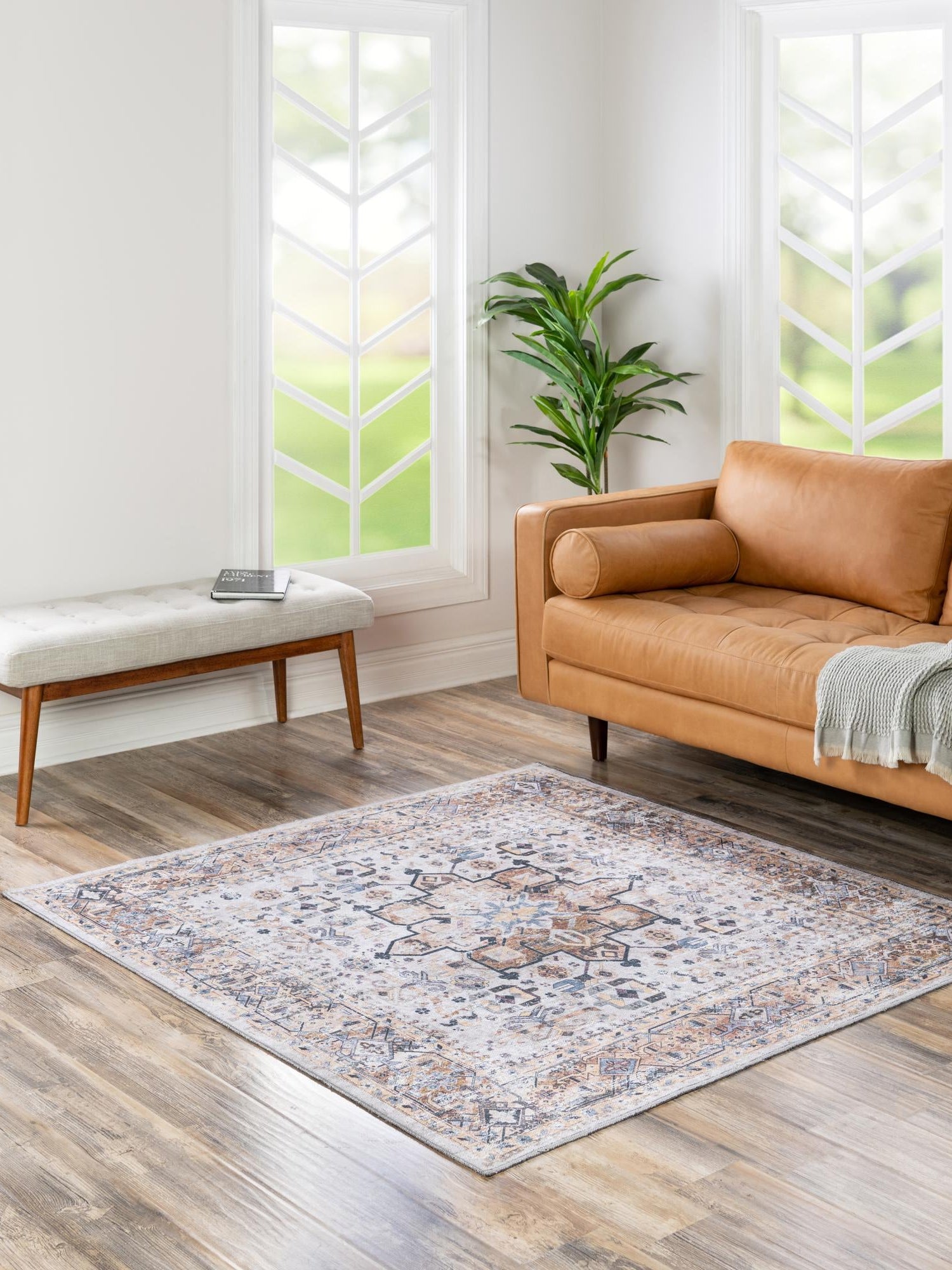Washable Ivory Almond 7' 1 x 7' 1 Yara Square Area Rug Easy to Clean Stain Resistant & Durable Polyester & Chenille Carpet for Sale at Rug Engine