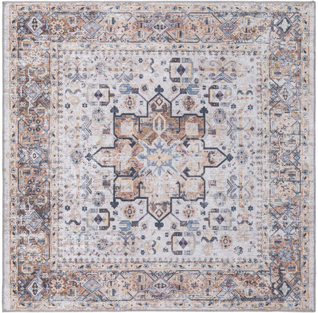 Washable Ivory Almond 5' x 5' Yara Square Area Rug Easy to Clean Stain Resistant & Durable Polyester & Chenille Carpet for Sale at Rug Engine