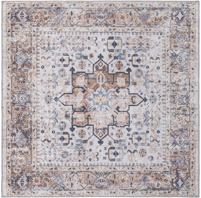 Washable Ivory Almond 5' x 5' Yara Square Area Rug Easy to Clean Stain Resistant & Durable Polyester & Chenille Carpet for Sale at Rug Engine