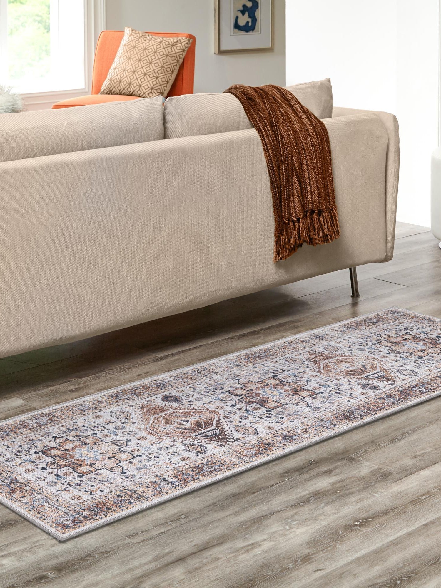 Washable Ivory Almond 2' 7 x 10' Yara Runner Area Rug Easy to Clean Stain Resistant & Durable Polyester & Chenille Carpet for Sale at Rug Engine
